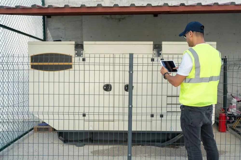 ETS technician inspecting outdoor generator control unit with tablet during excitation troubleshooting in fenced industrial site