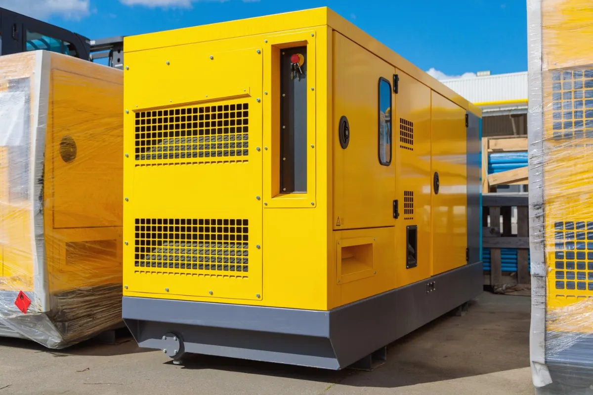 ETS technician inspecting outdoor generator control unit with tablet during excitation troubleshooting in fenced industrial site