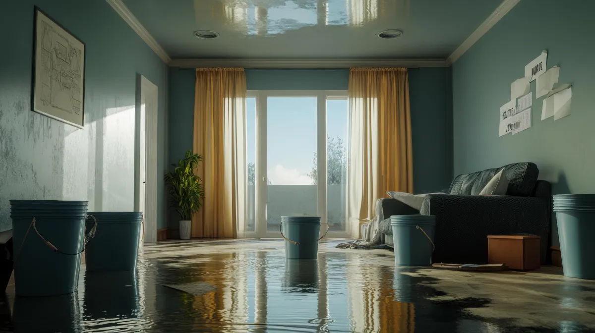 A flooded living room with reflective water covering the floor. Blue buckets are placed throughout the space to catch leaks, and sunlight shines through glass doors with yellow curtains. A couch, wall art, and a few cardboard boxes are visible, indicating water damage from a ceiling or roof leak.