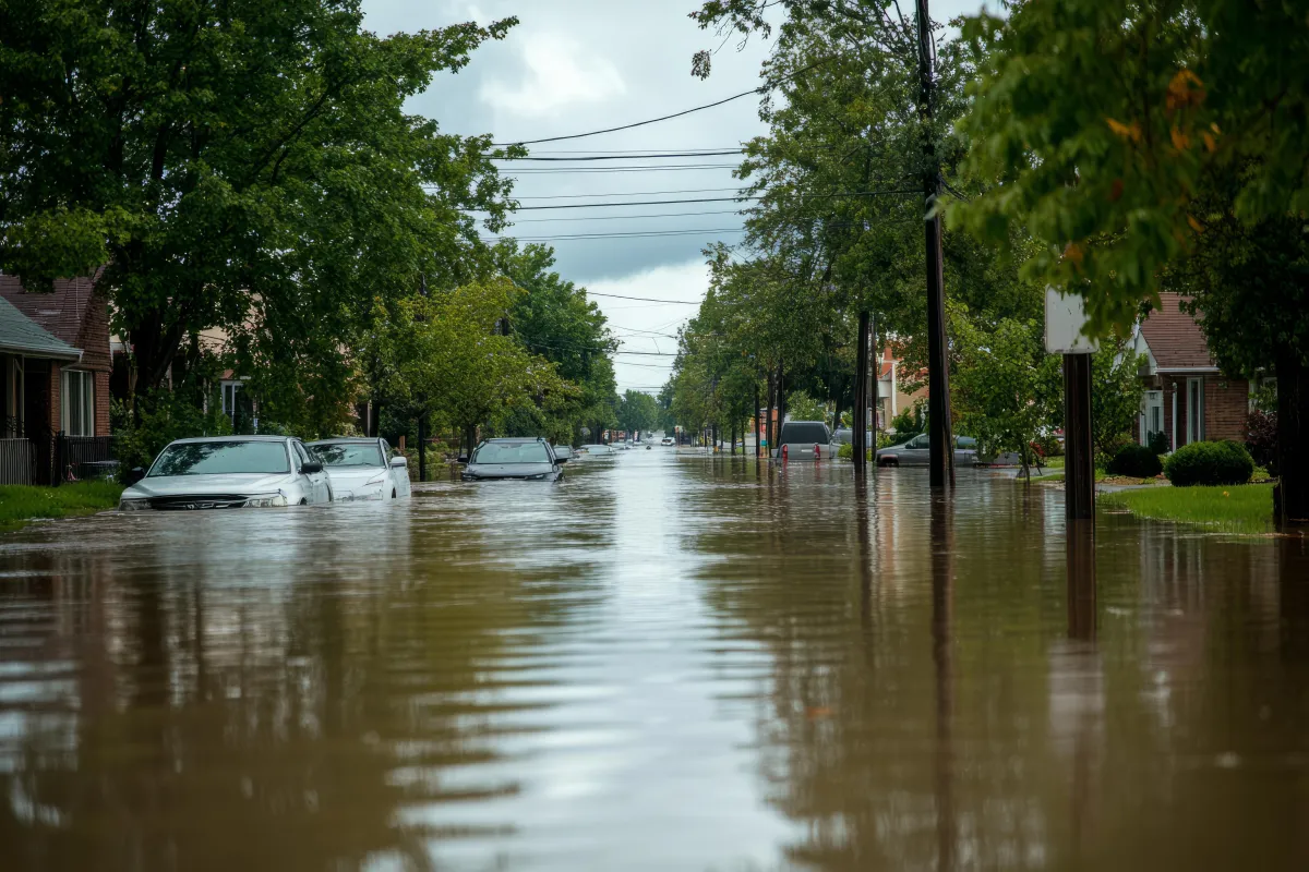 A residential street completely flooded with murky water, partially submerging parked cars and reaching up to their windows. Trees line both sides of the street, and power lines hang overhead. The scene suggests severe urban flooding following heavy rainfall or a storm.