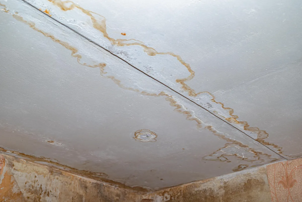 A ceiling with extensive brown water stains and discoloration, indicating past or ongoing water leakage. The corners and seams are especially affected, suggesting poor sealing or plumbing issues above. The surrounding walls also show signs of moisture damage.