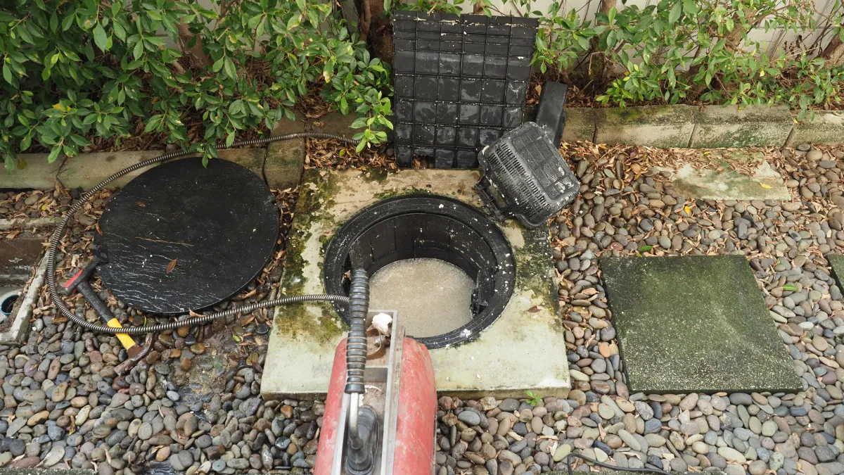An open manhole surrounded by stone pavers and gravel, with several removed covers and plumbing tools placed nearby. Hoses and equipment suggest ongoing maintenance or inspection work. Green shrubs line the background along a concrete wall.