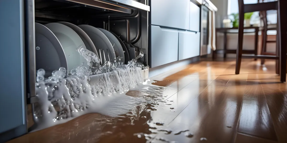 A modern kitchen with soapy water overflowing from a dishwasher onto the hardwood floor. The appliance door is slightly open, revealing dishes inside. The spill suggests a malfunction or blockage, creating a significant water mess in the home.