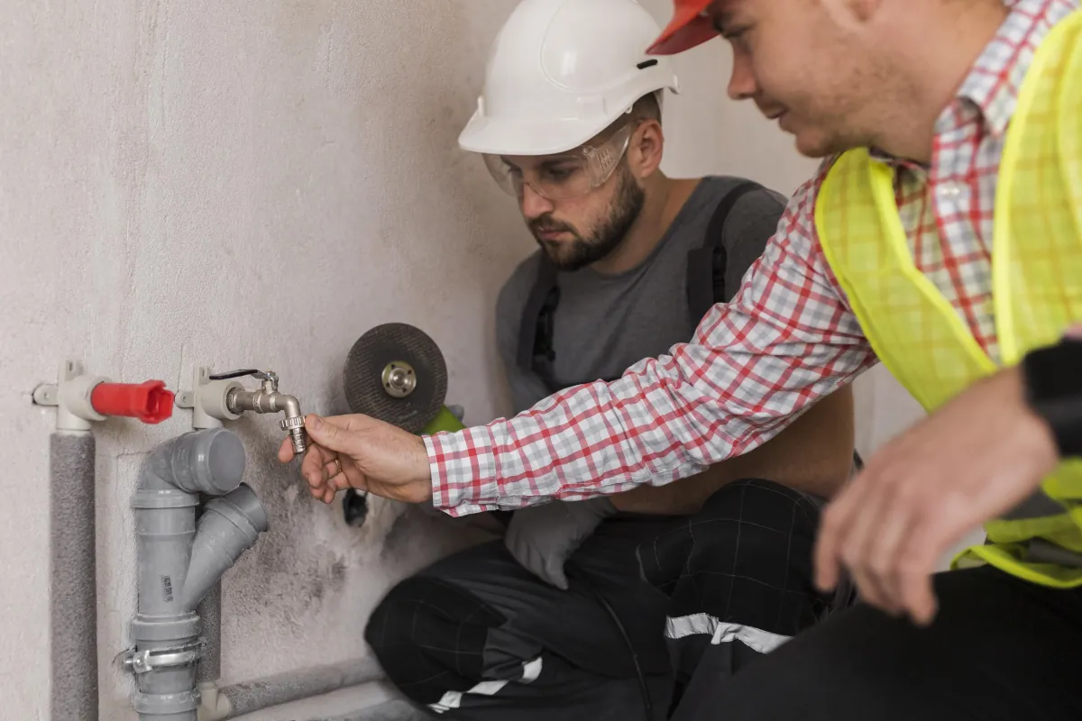 Two construction workers wearing safety gear inspect a plumbing fixture on an unfinished wall. One worker in a white hard hat holds a pipe fitting while the other in a red hard hat and safety vest observes closely. Various plumbing components and tools are visible nearby.
