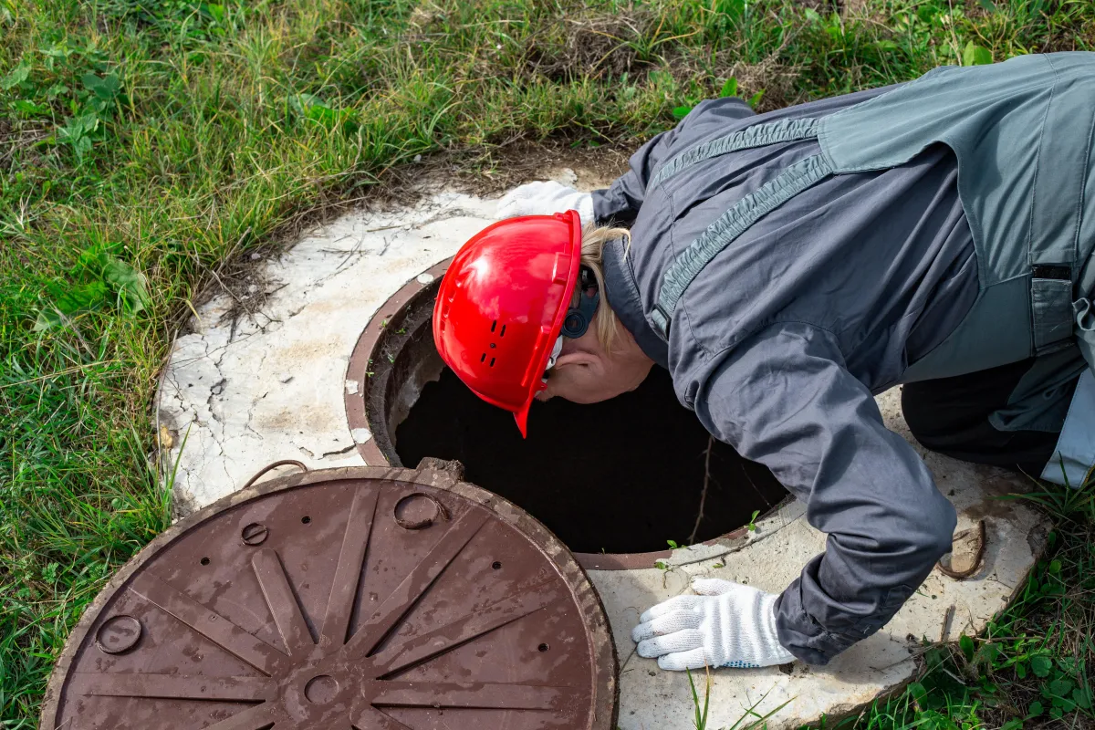 A worker wearing a red safety helmet, gray coveralls, and white gloves is inspecting an open manhole. He is leaning over and looking inside the dark underground space, while the round metal cover lies nearby on the grass.
