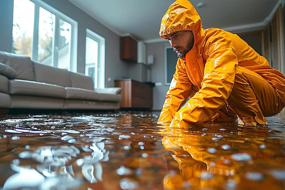 A water damage restoration worker wearing a bright orange protective suit kneels on the floor of a flooded living room. The water reflects light from large windows, and a beige sofa is visible in the background. The technician is inspecting or working to assess the extent of the water intrusion.