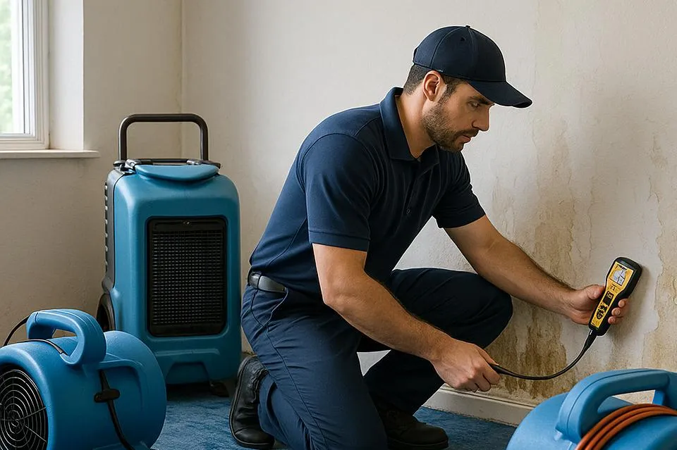 A water damage restoration technician kneels beside a wall with visible water stains, using a moisture meter to assess the damage. The room contains drying equipment including air movers and a dehumidifier, indicating active efforts to mitigate the water issue.