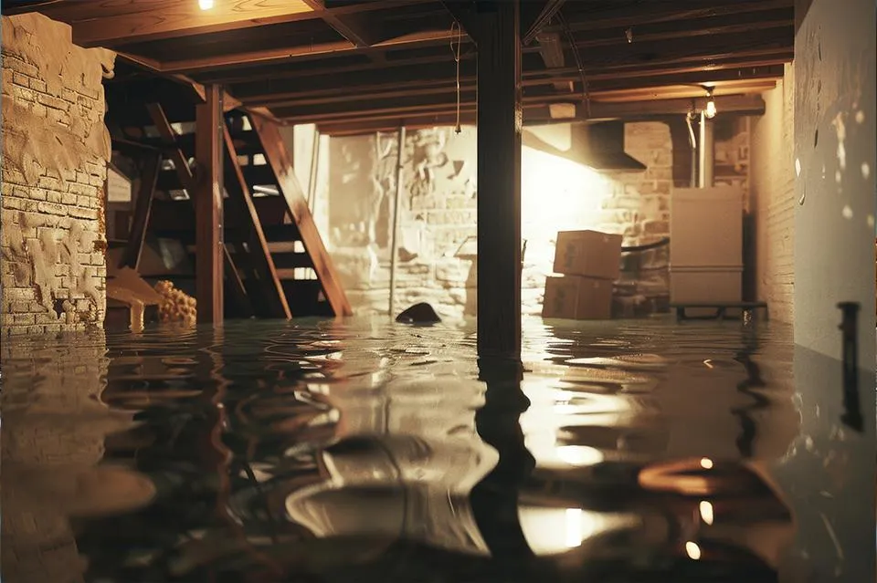 A heavily flooded basement with water reaching several inches up from the floor. The room contains wooden support beams, brick walls, a staircase, and storage items including cardboard boxes and a refrigerator. The lighting casts a warm glow, highlighting the severity of the flooding.