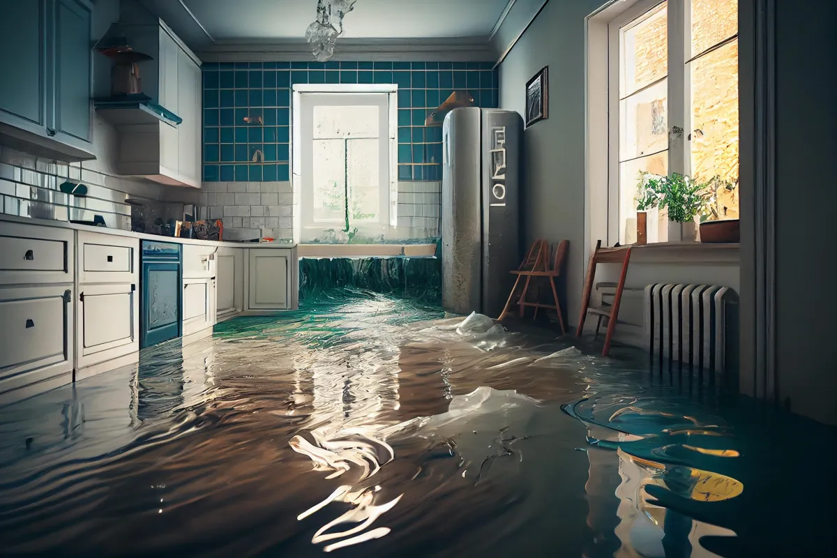 A kitchen severely flooded with water covering the entire floor. The scene includes white cabinets, a stainless steel water heater, a window letting in daylight, and household items partially submerged. The flooding reflects the interior and light, highlighting the extent of the water damage.