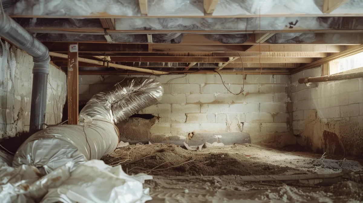 A dusty crawl space beneath a house with exposed insulation in the ceiling, plastic-wrapped HVAC ductwork, and a block foundation wall. Loose debris and dirt cover the ground, and pipes run along the side and ceiling of the confined area.