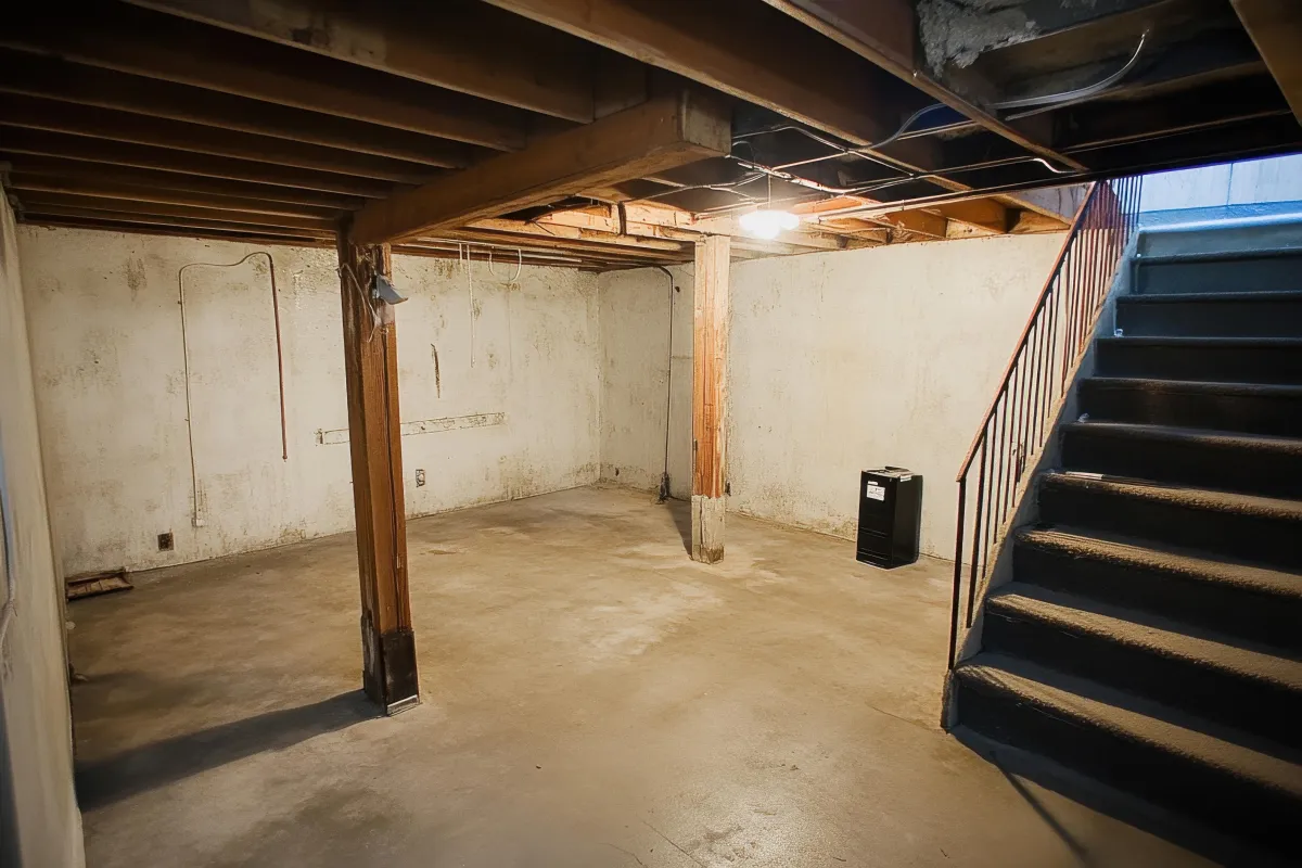 An empty, unfinished basement with exposed wooden ceiling beams, concrete floors, and bare walls. A black dehumidifier sits near the staircase, which leads up to the main floor. The space is clean and dry, likely prepared for renovation or post-water damage restoration.