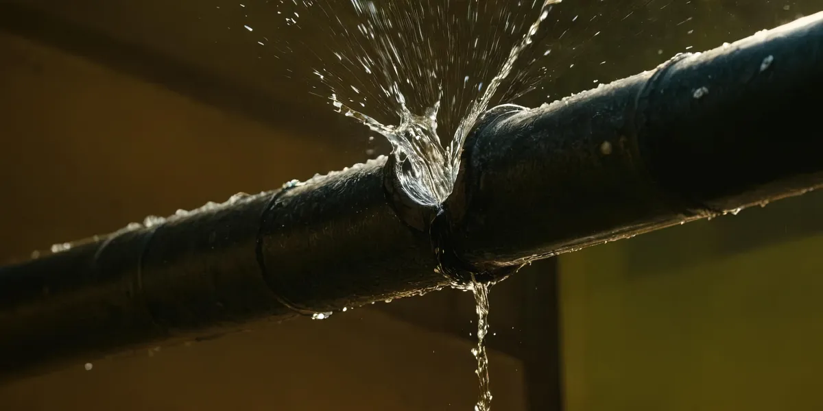 A close-up of a burst black metal pipe spraying water forcefully from a crack. The pipe is under pressure, and water is leaking in multiple directions, indicating significant plumbing damage. The background is dimly lit, emphasizing the water spray.