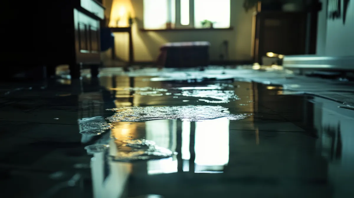 A dimly lit living room with water covering the floor, reflecting light from a nearby window. Furniture and scattered debris are partially submerged, indicating recent or ongoing indoor flooding. The atmosphere is calm but suggests water damage.