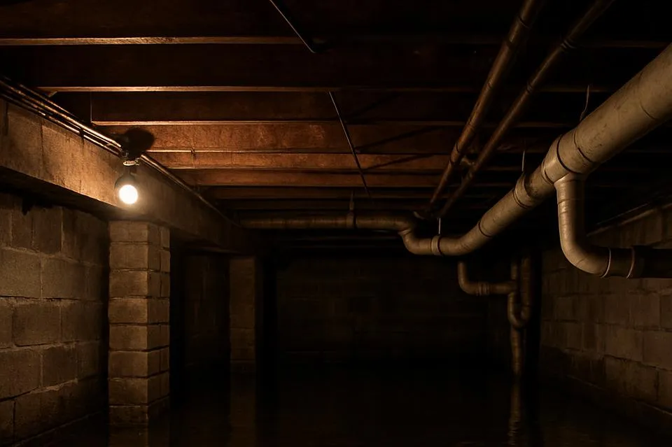 A dimly lit basement with exposed wooden ceiling beams and visible plumbing pipes. The floor is covered with standing water, indicating significant flooding. Concrete block walls surround the space, and a single lightbulb illuminates the area.