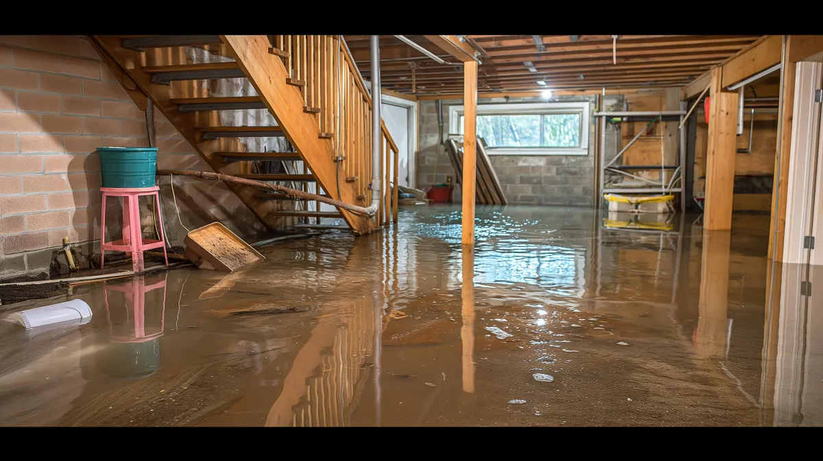 A flooded basement with muddy water covering the concrete floor. Wooden stairs, exposed ceiling beams, and storage shelves are visible in the space. The water reflects light from a small window, highlighting the extent of water intrusion. Various items, including a green bucket on a pink stool, are partially submerged.