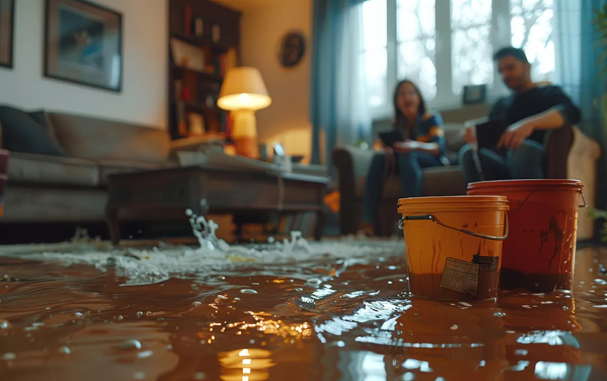 A flooded living room with standing water covering the floor and splashing around two plastic buckets. In the background, a concerned couple sits on a couch, observing the situation. The room is furnished with a coffee table, armchairs, and a lit floor lamp, highlighting the severity of the indoor flooding.