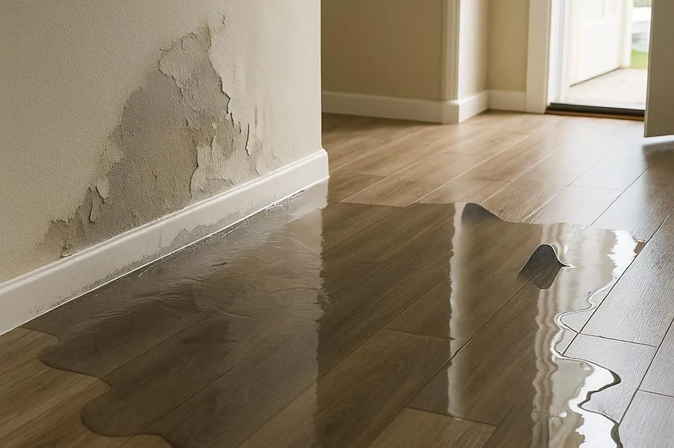 A section of a home with standing water on a wood floor and visible water damage on the lower part of a wall. The base of the wall shows bubbling and peeling paint, indicating prolonged moisture exposure. An open door in the background lets in natural light.
