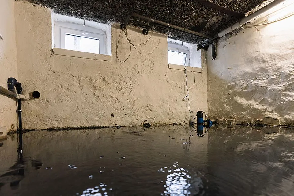 A flooded basement with standing water nearly covering the entire floor. The room has white painted brick walls, small high-set windows, and exposed ceiling pipes. Electrical cords and a submersible pump are visible, indicating efforts to remove the water.