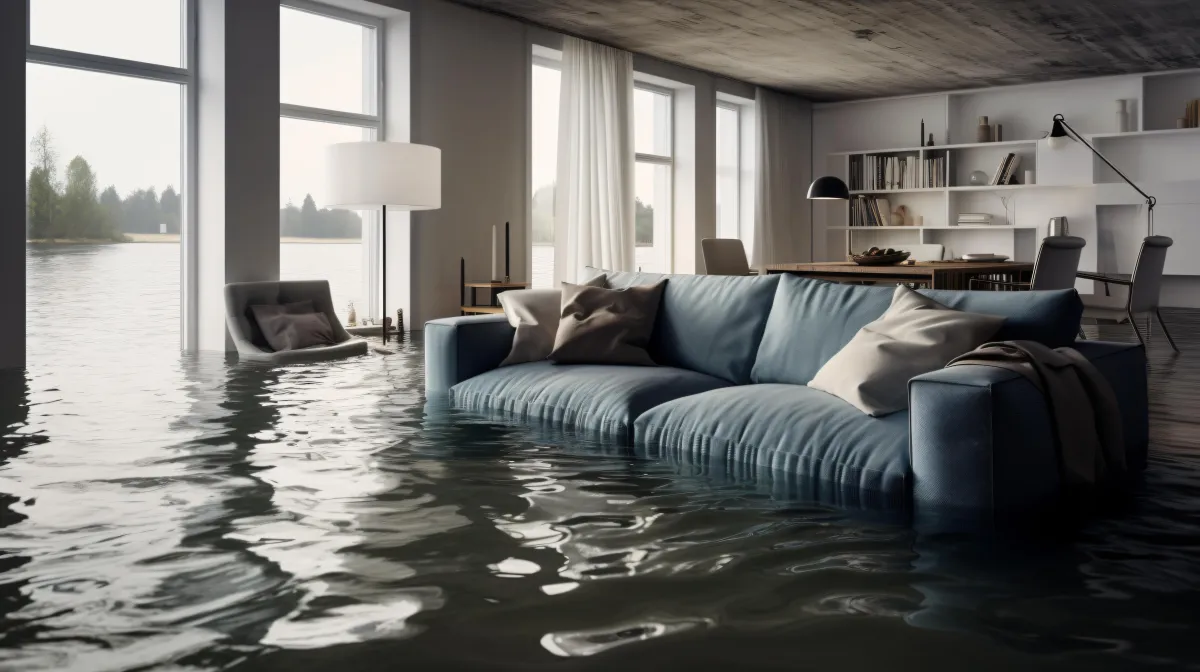 A modern living room severely flooded with water nearly halfway up a blue sofa. The room features large windows, white curtains, a dining area with bookshelves, and various furniture partially submerged. Natural light reflects off the floodwater, highlighting the extent of interior damage.