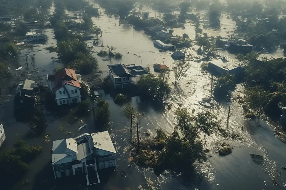 Aerial view of a residential neighborhood severely flooded after a natural disaster. Homes and trees are partially submerged in muddy water, with only rooftops and upper portions visible. The scene shows widespread damage and standing water throughout the area.