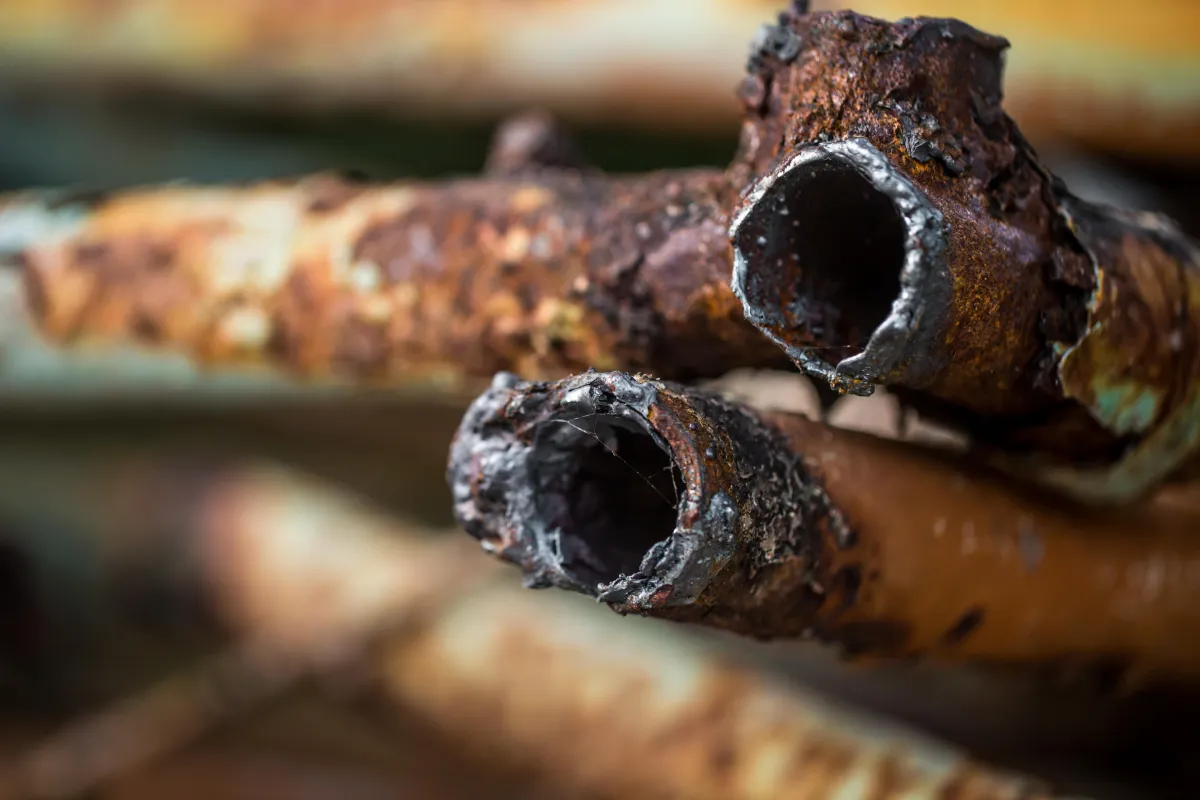 Close-up view of heavily corroded and rusted metal pipes with jagged, deteriorating edges. The damage indicates long-term exposure to moisture and oxidation, rendering the pipes unusable and structurally compromised.