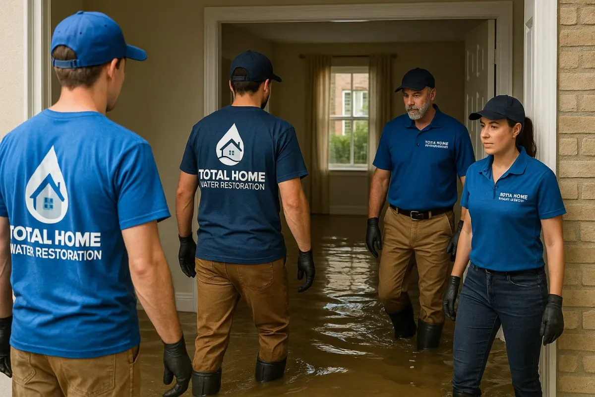 Four water damage restoration professionals from Total Home Water Restoration stand in a flooded residential home. They are wearing matching blue uniforms and rubber boots, assessing the water damage inside a room with standing water. The team appears focused and ready to begin mitigation work.