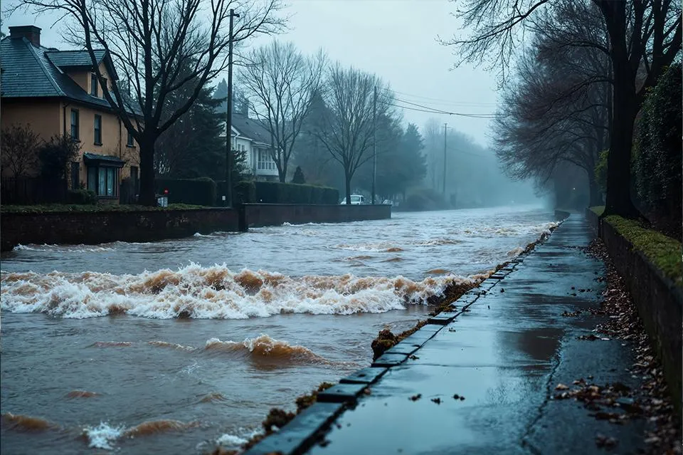 A flooded residential street with fast-moving brown water flowing over the road. The scene is overcast and misty, with leafless trees and homes lining both sides of the street. The adjacent sidewalk is wet, indicating recent or ongoing heavy rainfall.
