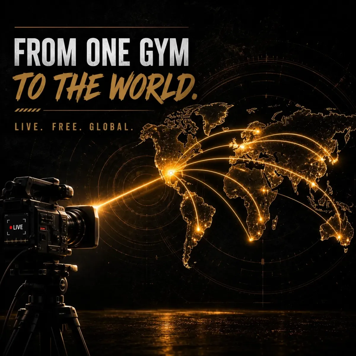 Graphic illustrating how Nomad Mixed Combat HQ livestreams coaching sessions from one gym to students around the world through free online self-defense training.
