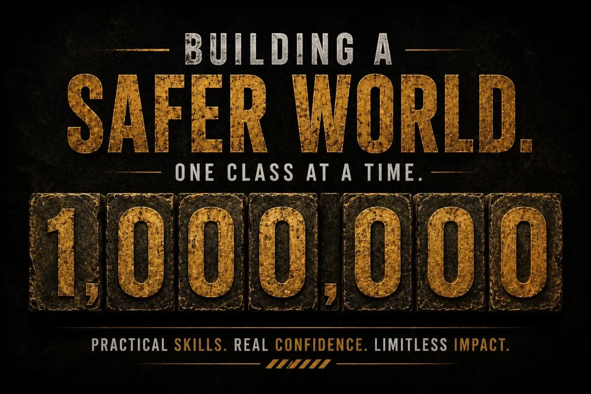 Mission graphic illustrating Nomad Mixed Combat HQ's goal of making practical self-defense coaching accessible worldwide and positively impacting one million lives.