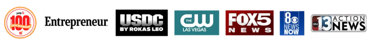 Awards and media features recognizing Nomad Mixed Combat HQ, including Entrepreneur, FOX5 Las Vegas, ABC, The CW, USDC, and Yelp Top 10 Gym.