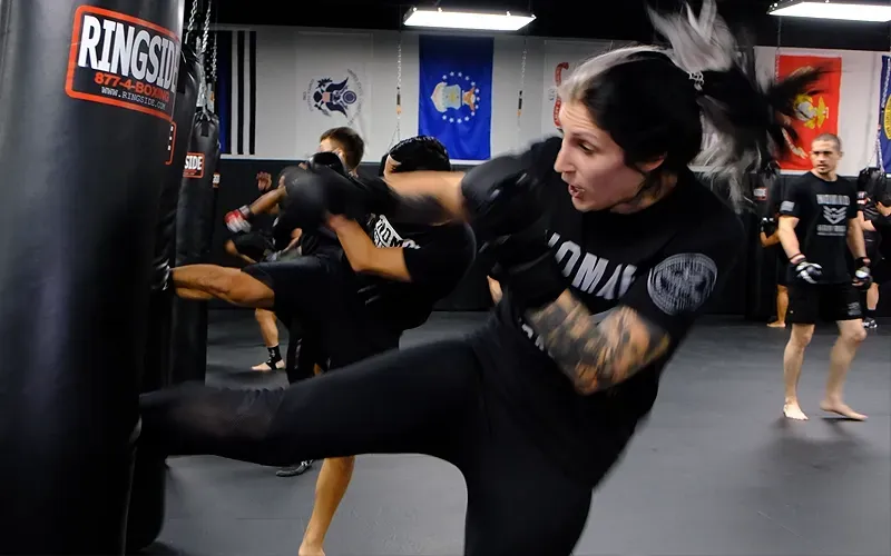 Adult student practicing striking techniques at Nomad Mixed Combat HQ in the Fort Smith, Arkansas metro area as part of a complete self-defense coaching system.