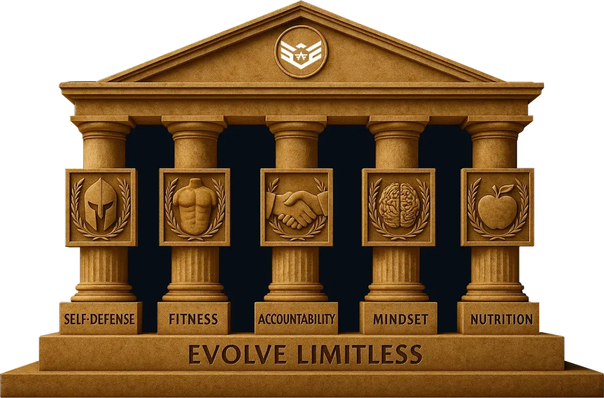 Temple graphic illustrating the five pillars of the Nomad Mixed Combat HQ coaching system: self-defense, fitness, accountability, mindset, and nutrition.