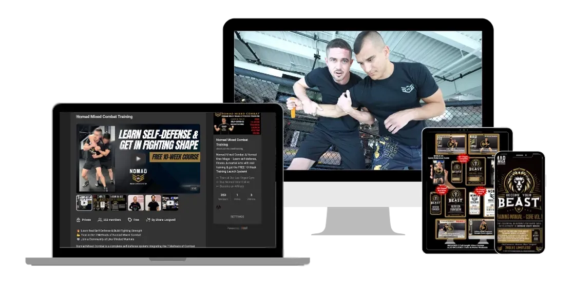 Graphic illustrating the Nomad Training online community, providing free self-defense lessons, livestream coaching, fitness resources, and online training across desktop and mobile devices.