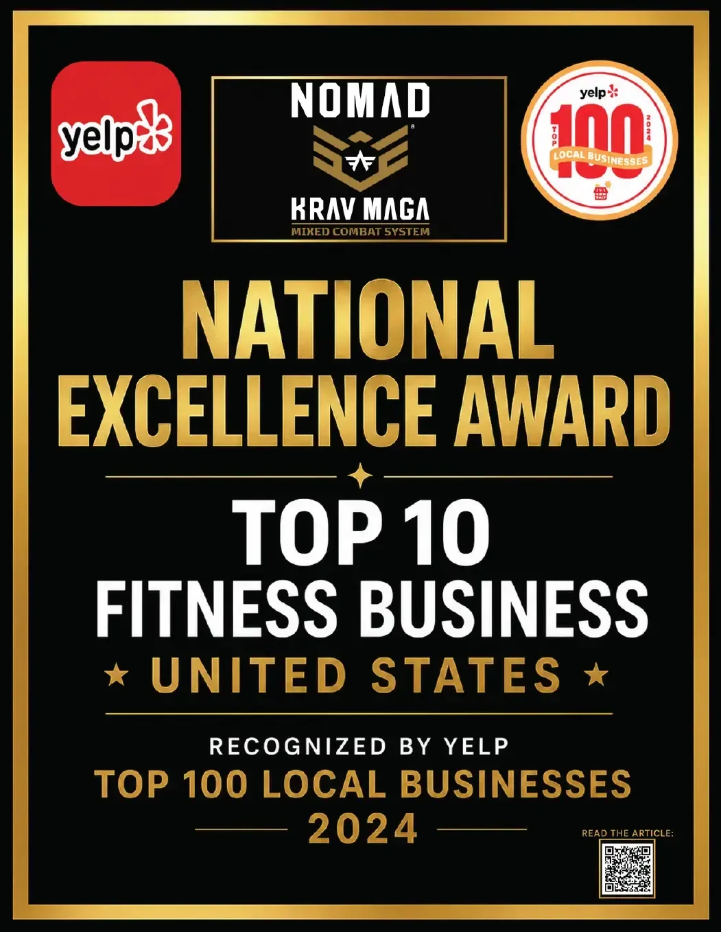 National Excellence Award recognizing Nomad Krav Maga as a Top 10 Fitness Business in the United States by Yelp in 2024.
