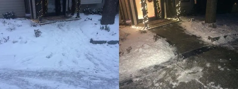 Efficient snow plowing on a city street to ensure safe driving conditions.