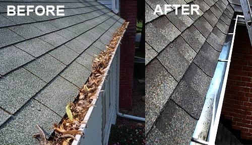 Technician cleaning eavestroughs to ensure proper water flow and prevent damage.