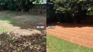 Before and after images showing the results of power raking on a lawn