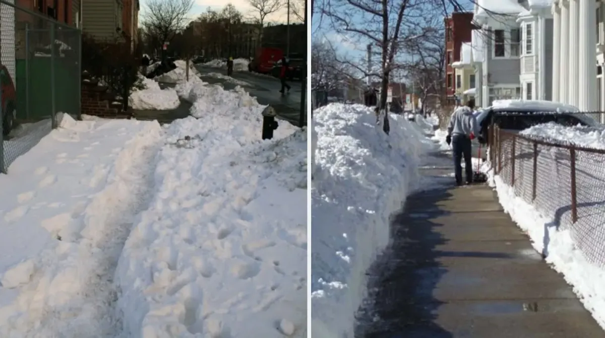 Snow shoveling in progress, with snow being removed from a suburban walkway.