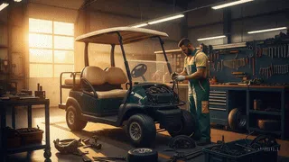A woman standing next to a golf cart