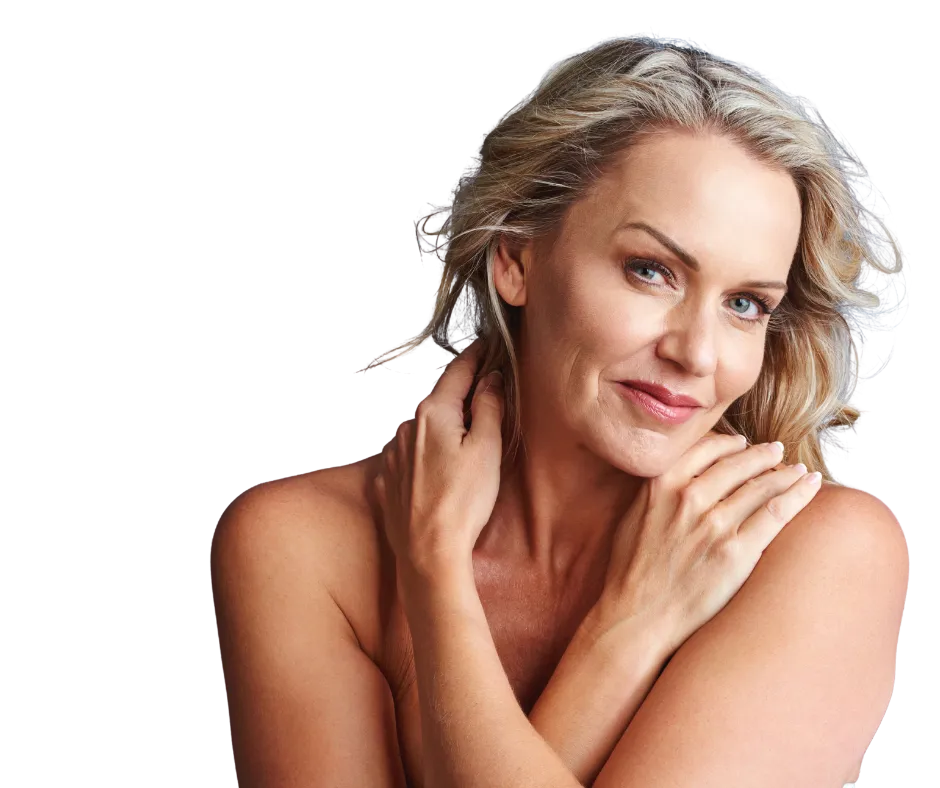 Smiling woman with firm, lifted skin showcasing natural facial rejuvenation results.