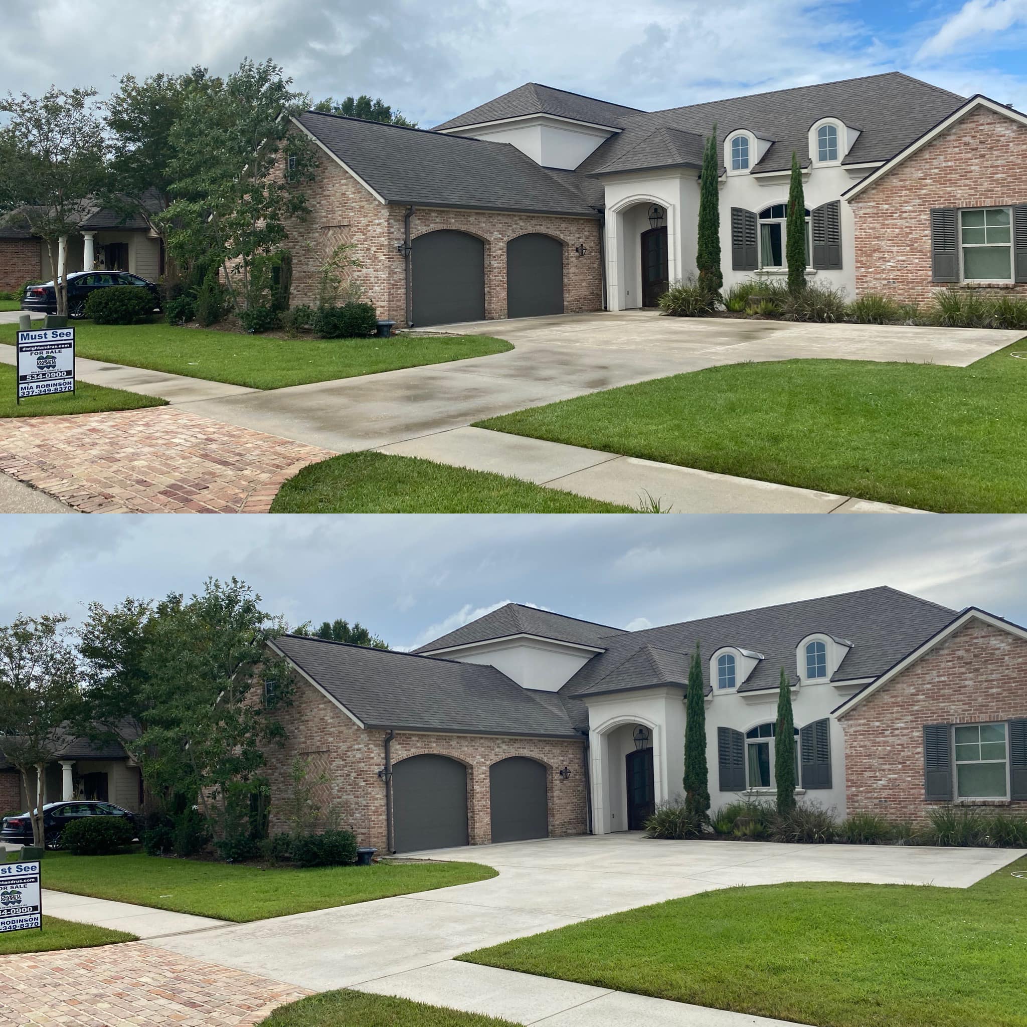Modern house with manicured hedges and gate.