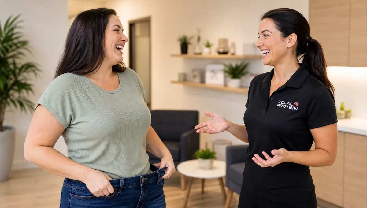 Woman laughing with a certified Ideal Protein coach in a bright coaching space, representing the ongoing support and community available through the Ideal Protein weight maintenance program