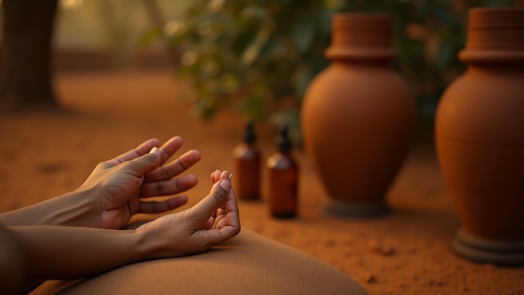 A senior kalari teacher's hand resting on a student's back at a marma point during traditional kalari uzhichil treatment, warm clay floor and soft natural light