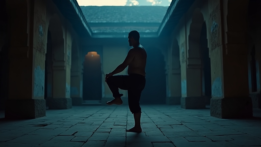 Practitioner at dawn in horse stance, early morning kalari training — placeholder image
