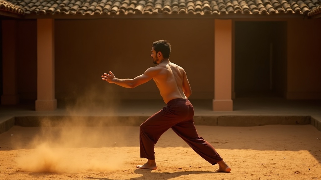 A North Malabar Chekavar with sword and shield in a Kalaripayattu stance — the kind of warrior the Vadakkan Pattukal ballads celebrate