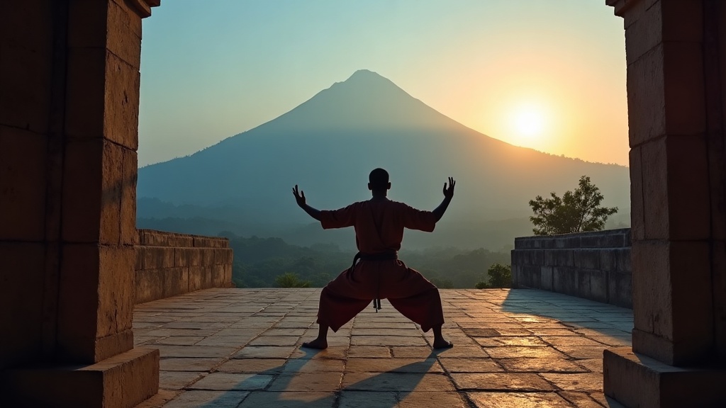 Dawn at Arunachala mountain in Tiruvannamalai, Tamil Nadu, with a martial artist performing a low Kalaripayattu vadivu stance in the foreground on a clay courtyard