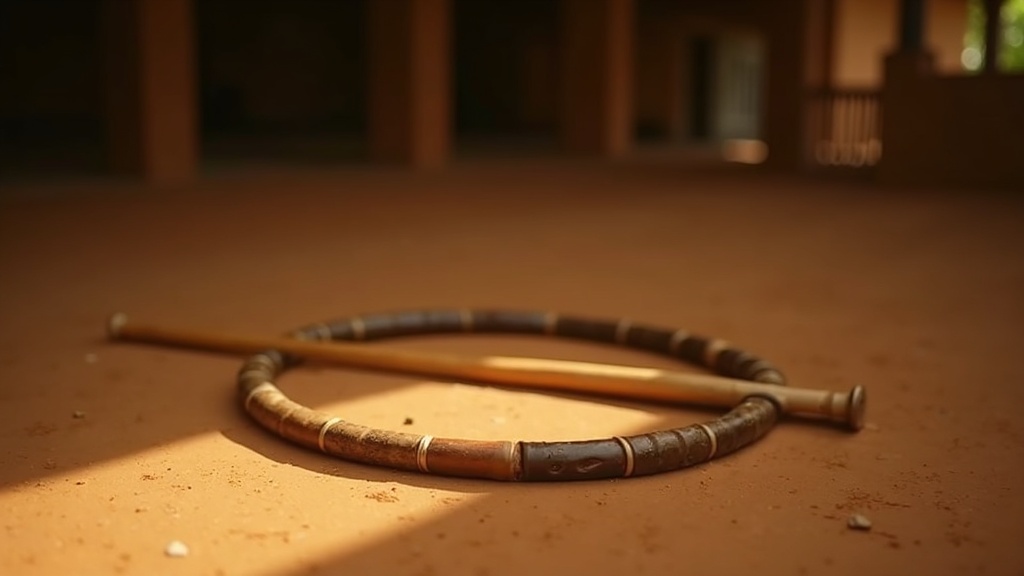 Adult student practising the basic kalari posture (vadivu) at home, laptop visible — barefoot on a wooden floor, warm side light