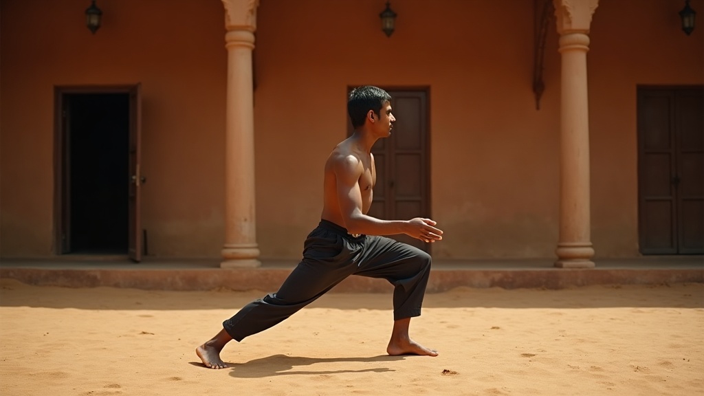 A practitioner moving slowly through a low Kalaripayattu stance on a packed-earth floor, weight distributed through both feet