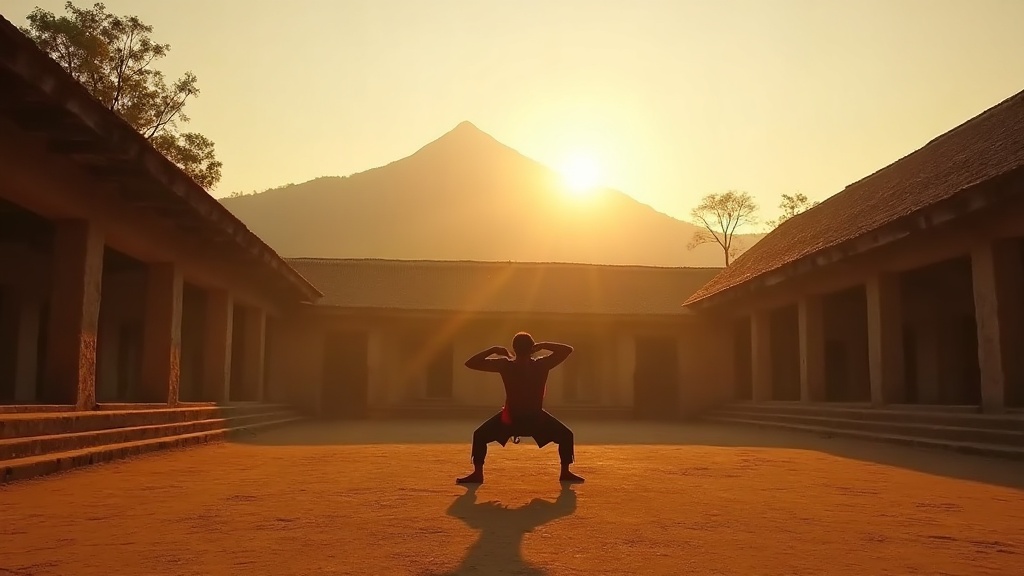Sunken kalari training floor at dawn, red earth and oil lamps, a teacher and student moving through a low stance