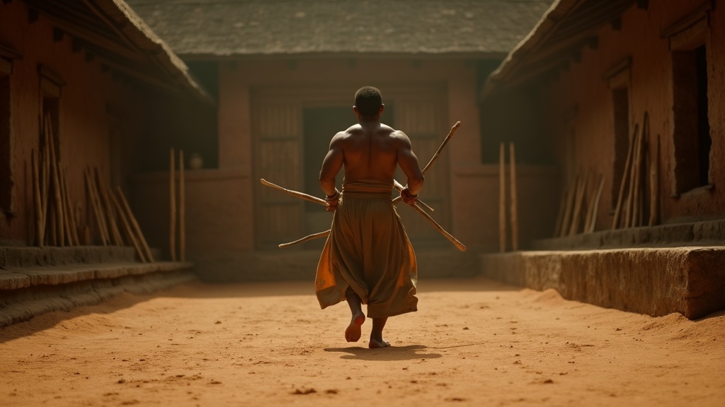A traditional Kalaripayattu kalari — an earth-floored, sunken training pit in Kerala, with low roof and the puttara altar in the corner
